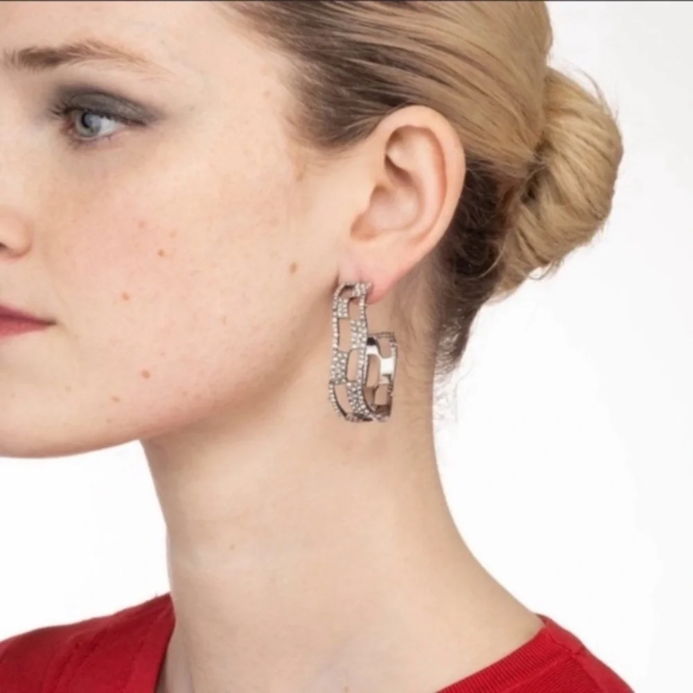 ALEXIS BITTAR • Silver Crystal Georgian Checkerboard Wavy Hoop Earrings